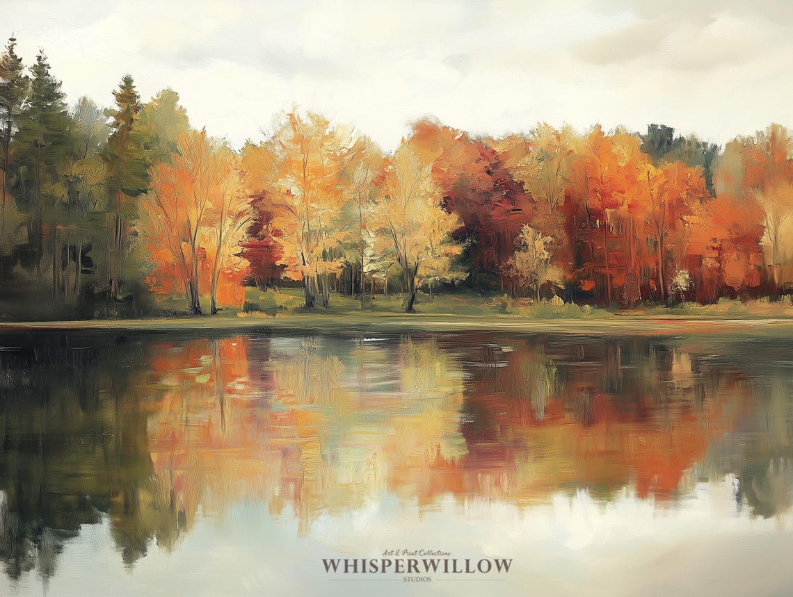 Autumn Lake Mirror Reflection Orange Foliage Vintage Painting Poster - Image 6