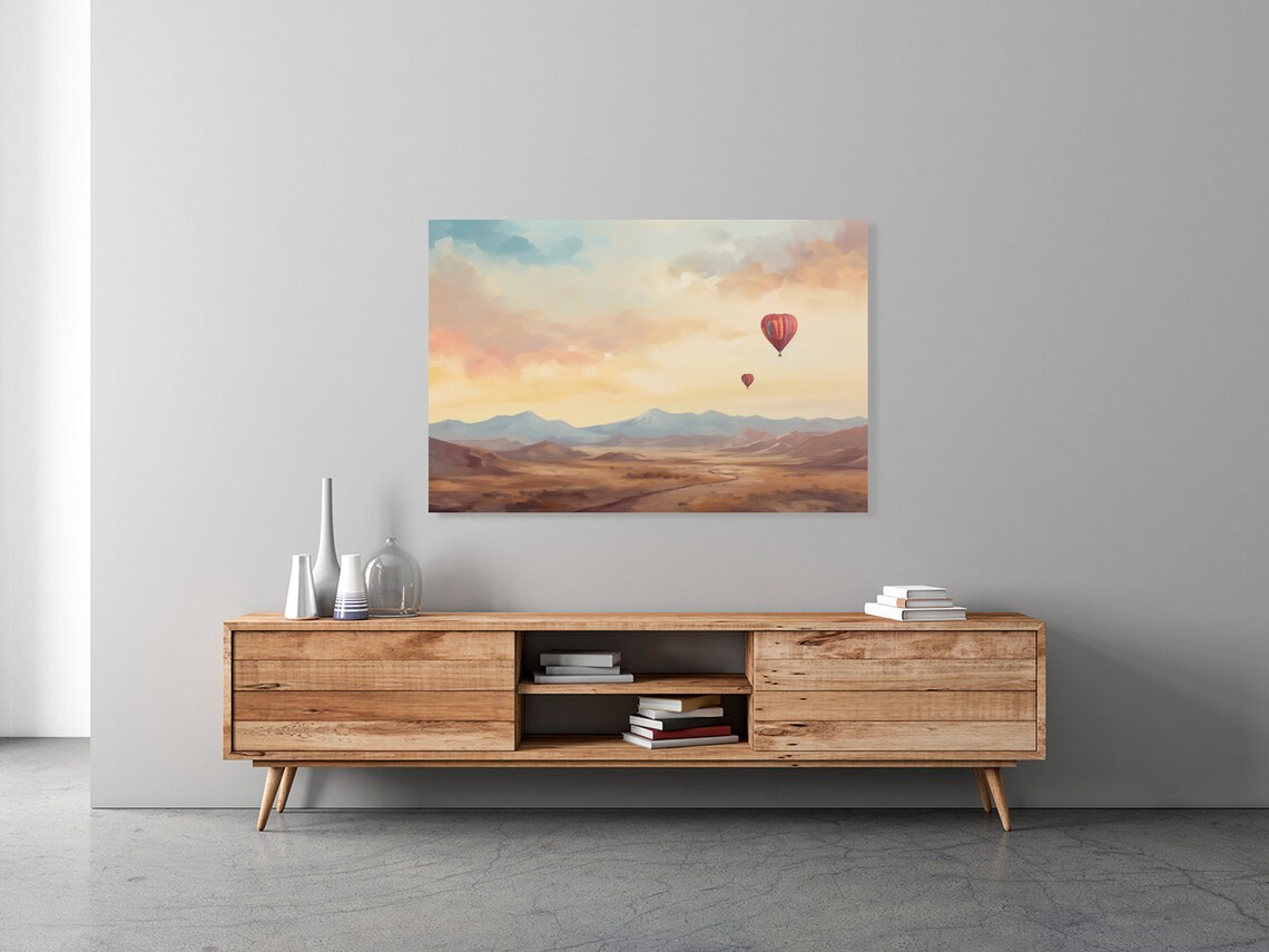 Red Hot Air Balloons Desert Valley Sunset Layered Mountain Poster - Image 2