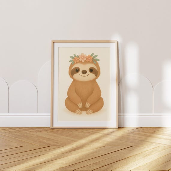 Boho Sloth Nursery Print With Floral Crown Baby Girl Room Wall Art Kids Bedroom Animal Decor Poster