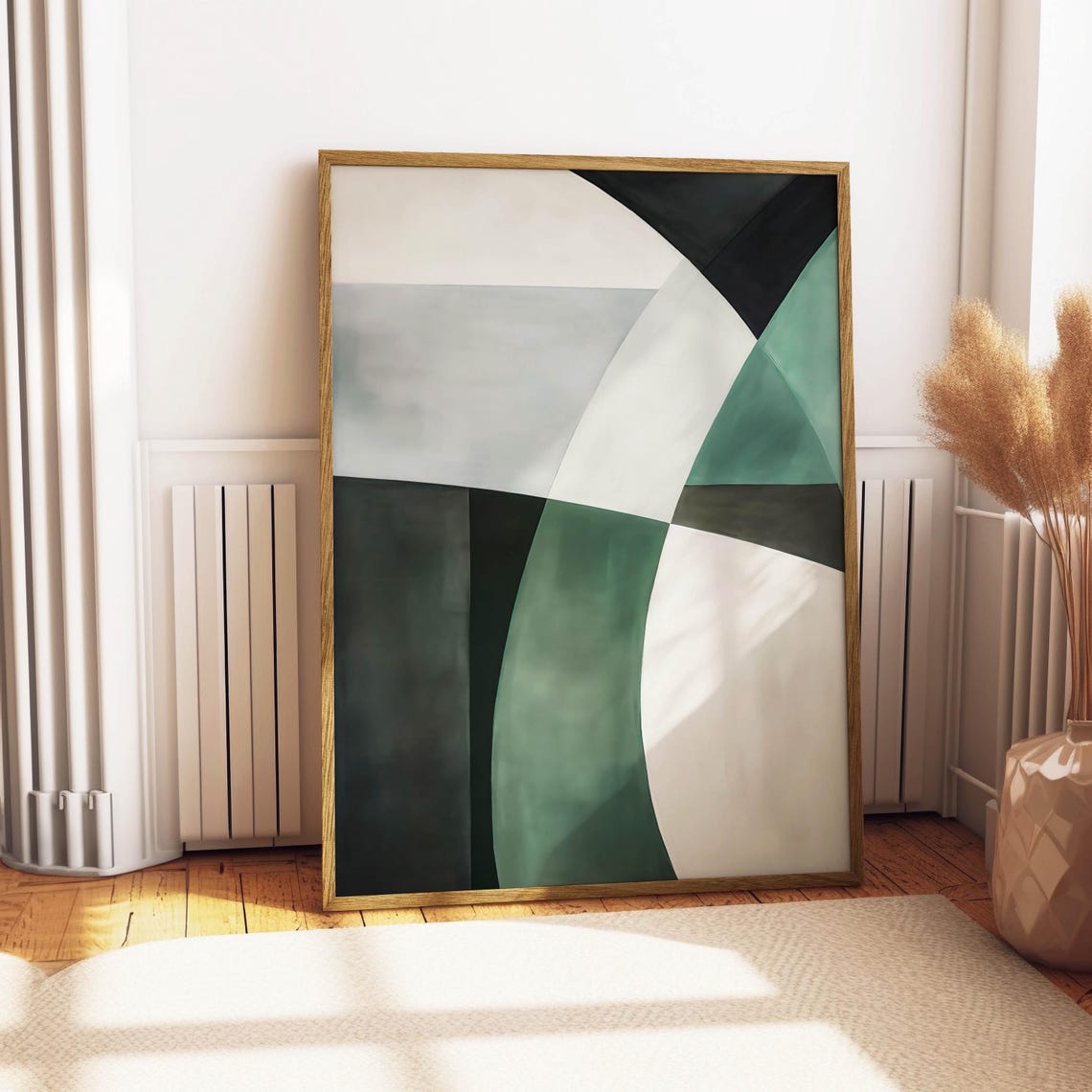 Green Black and White Abstract Geometric Curved Shapes Art Poster - Image 4