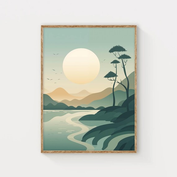 Japanese Inspired Wall Art Print Modern Wall Art Japandi Mountain Wall Decor Green Landscape Wall Art Poster Print Housewarming Gift