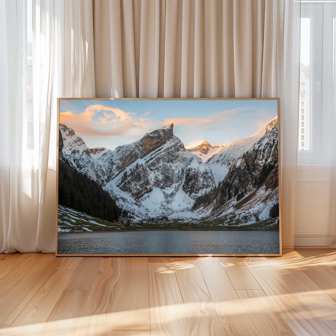 Snowy Alpine Peaks Glowing at Dawn Above a Mountain Lake Poster - Image 4