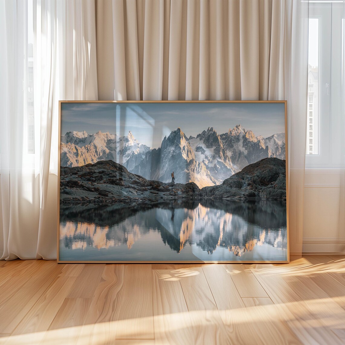 Snowy Alpine Peaks Mirrored in a Calm Mountain Lake Reflection Poster - Image 4