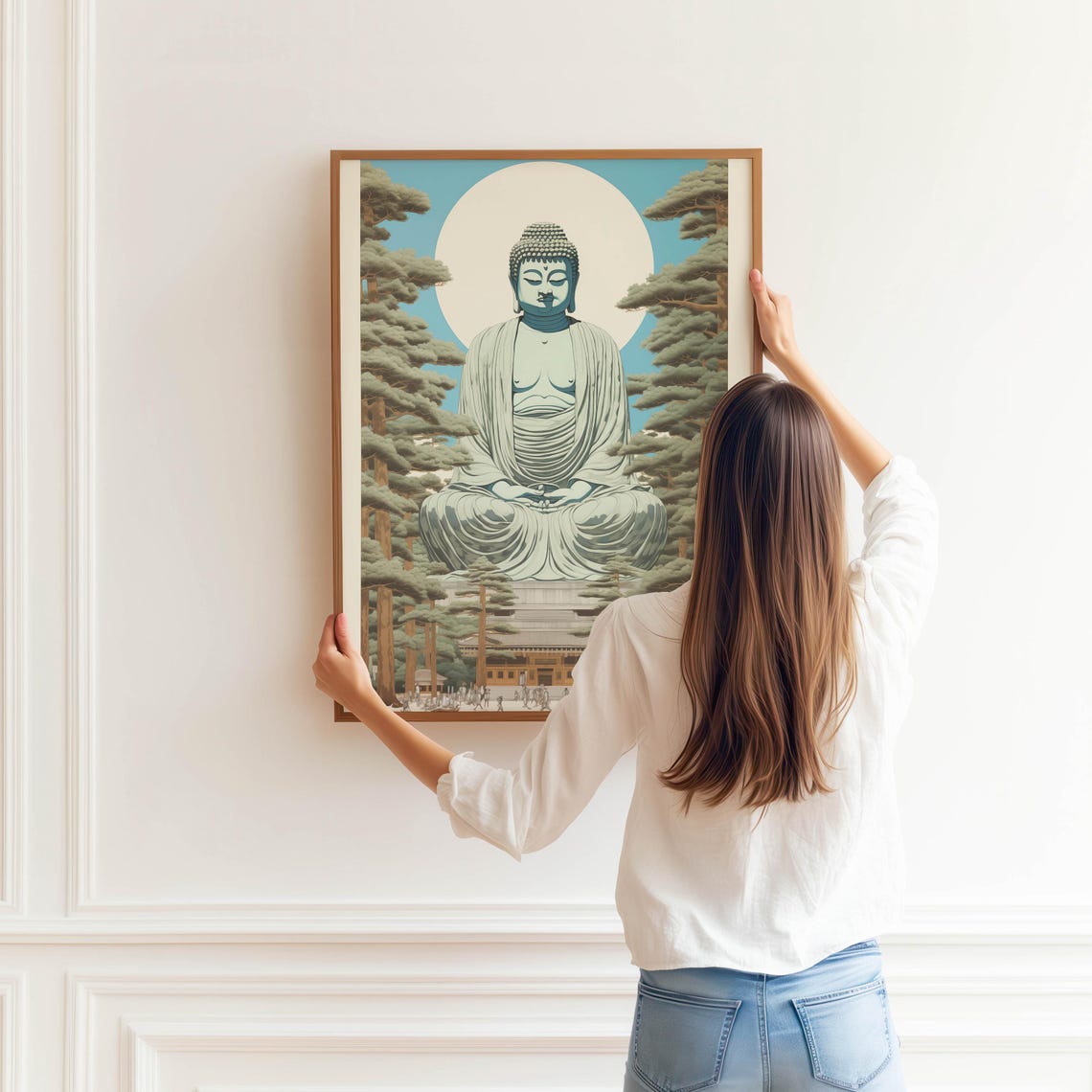Great Buddha Statue Pine Forest Moon Japanese Vintage Style Poster - Image 3