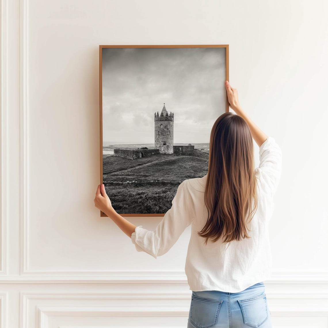 Medieval Stone Castle on Green Hillside Black White Photo Poster - Image 3