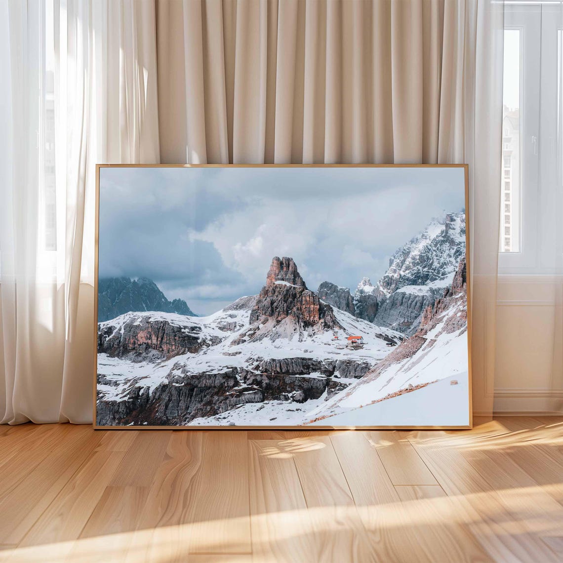 Tre Cime di Lavaredo Snowy Dolomites Peaks With Mountain Refuge Poster - Image 3