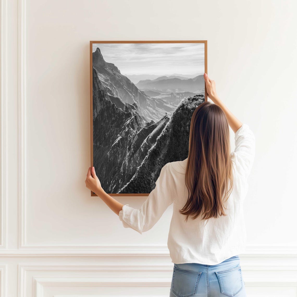 Black and White Swiss Alps Mountain Ridge Hiker Silhouette Poster - Image 2