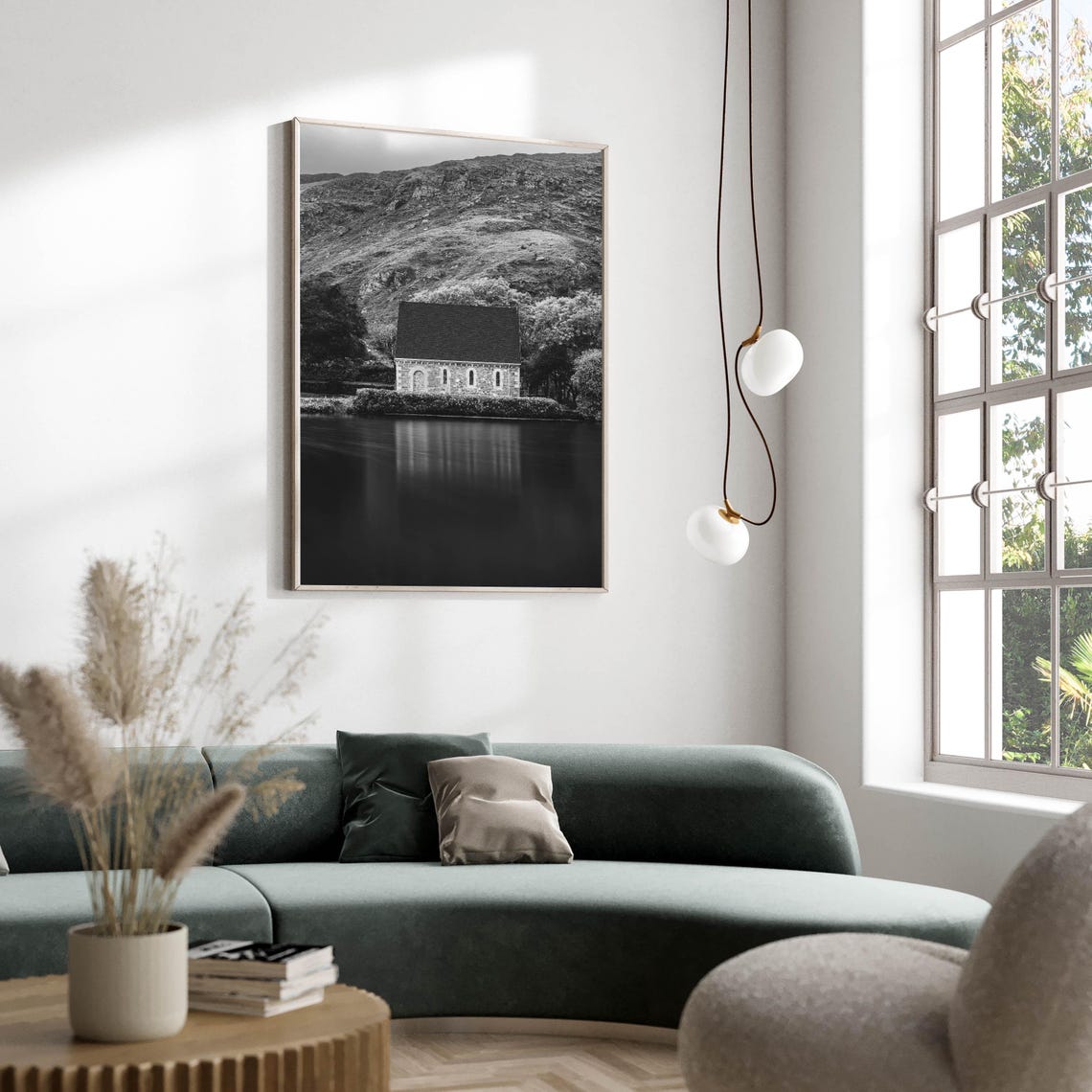 Black and White Stone Church by a Still Lake Photo Art Poster - Image 2