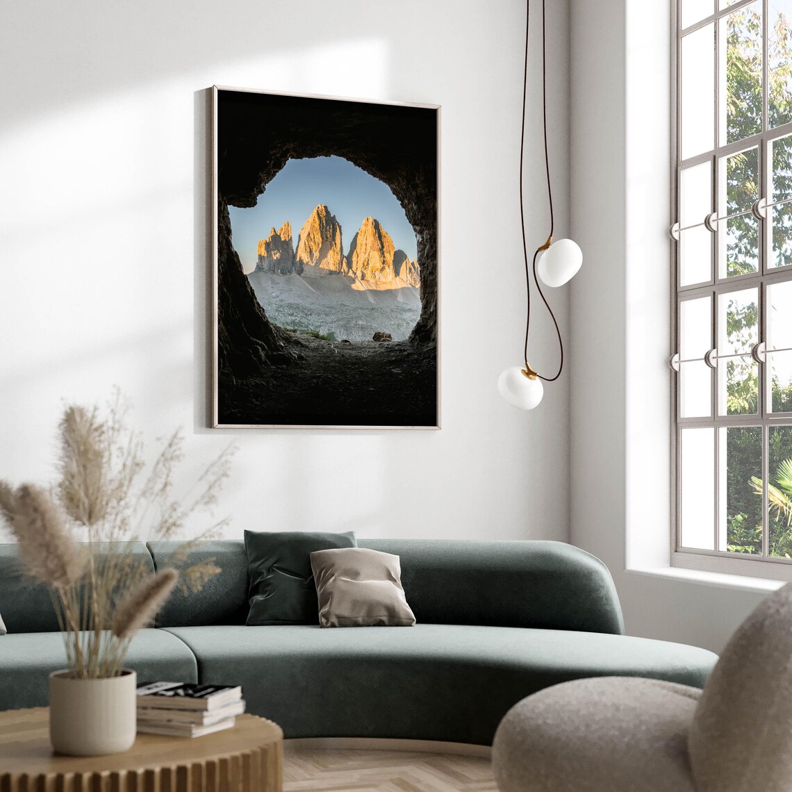 Tre Cime di Lavaredo Cave Window Sunrise Golden Peaks Italy Poster - Image 2