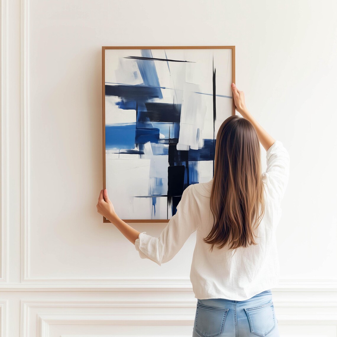 Navy Blue and White Abstract Brushstroke Geometric Art Poster - Image 3