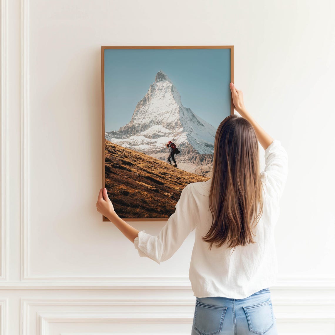 Hiker Beneath Towering Snowy Matterhorn Peak Zermatt Alps Poster - Image 3