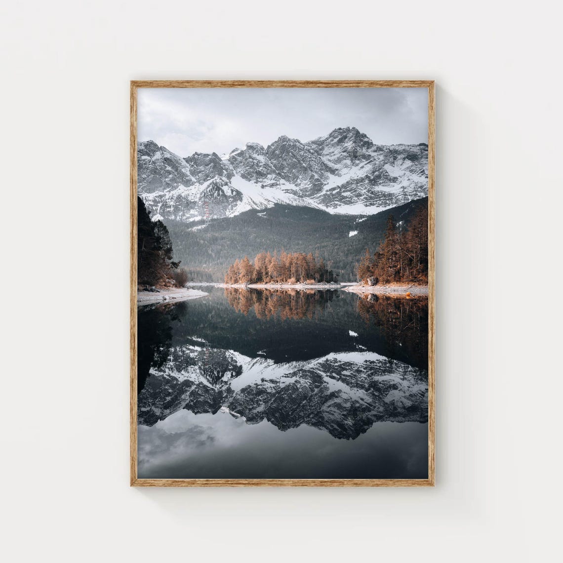 Snow Capped Mountain Peaks Mirrored in Calm Alpine Lake Poster