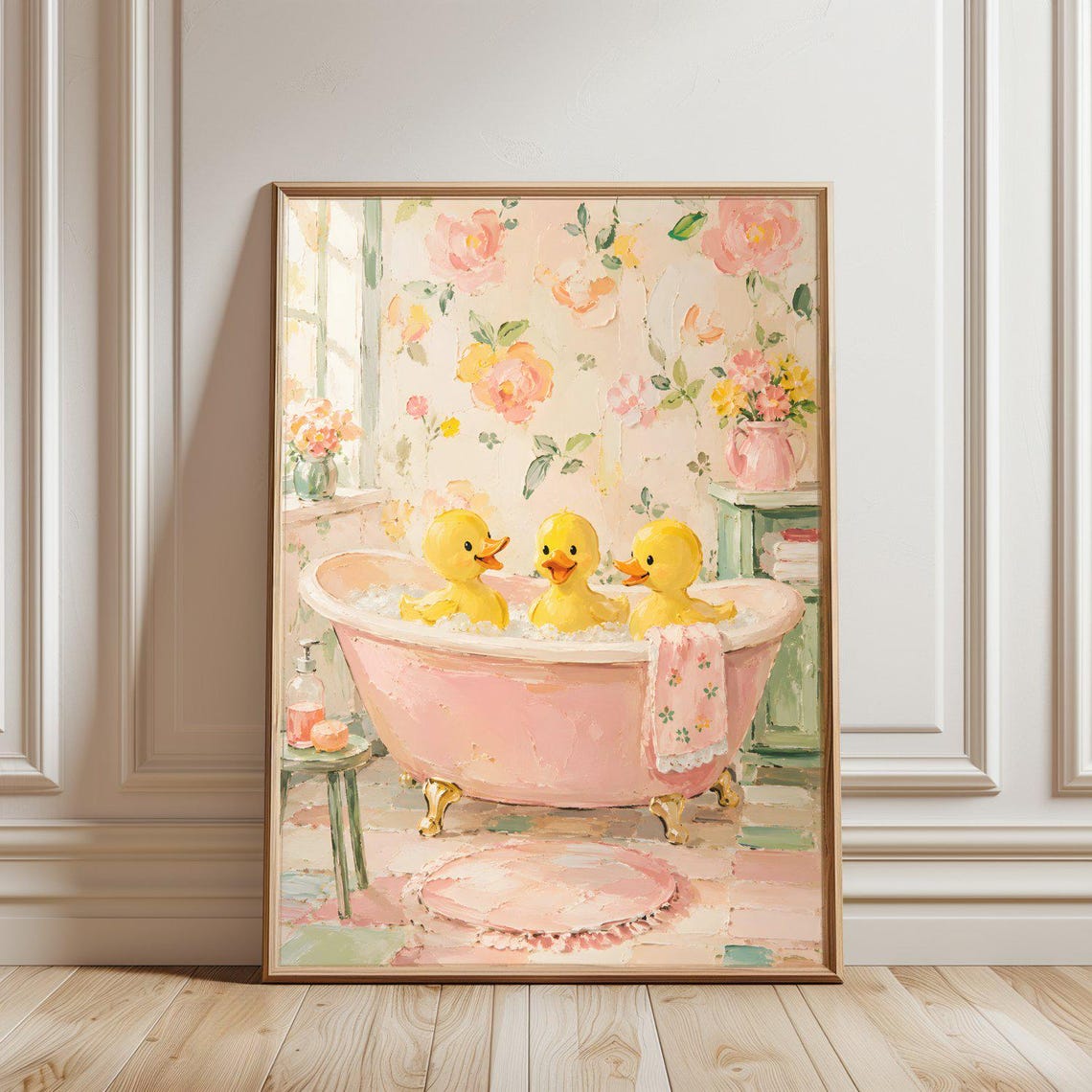 Three Rubber Ducks Pink Bathtub Bubbles Whimsical Bath Art Poster