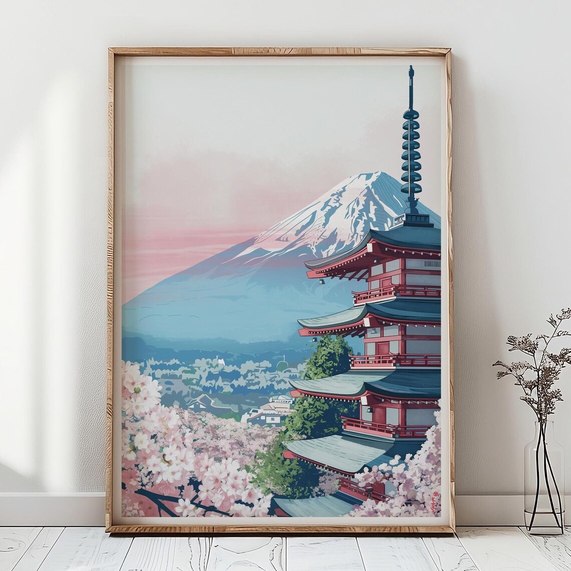 Mount Fuji Cherry Blossom Season Five Story Pagoda Art Poster