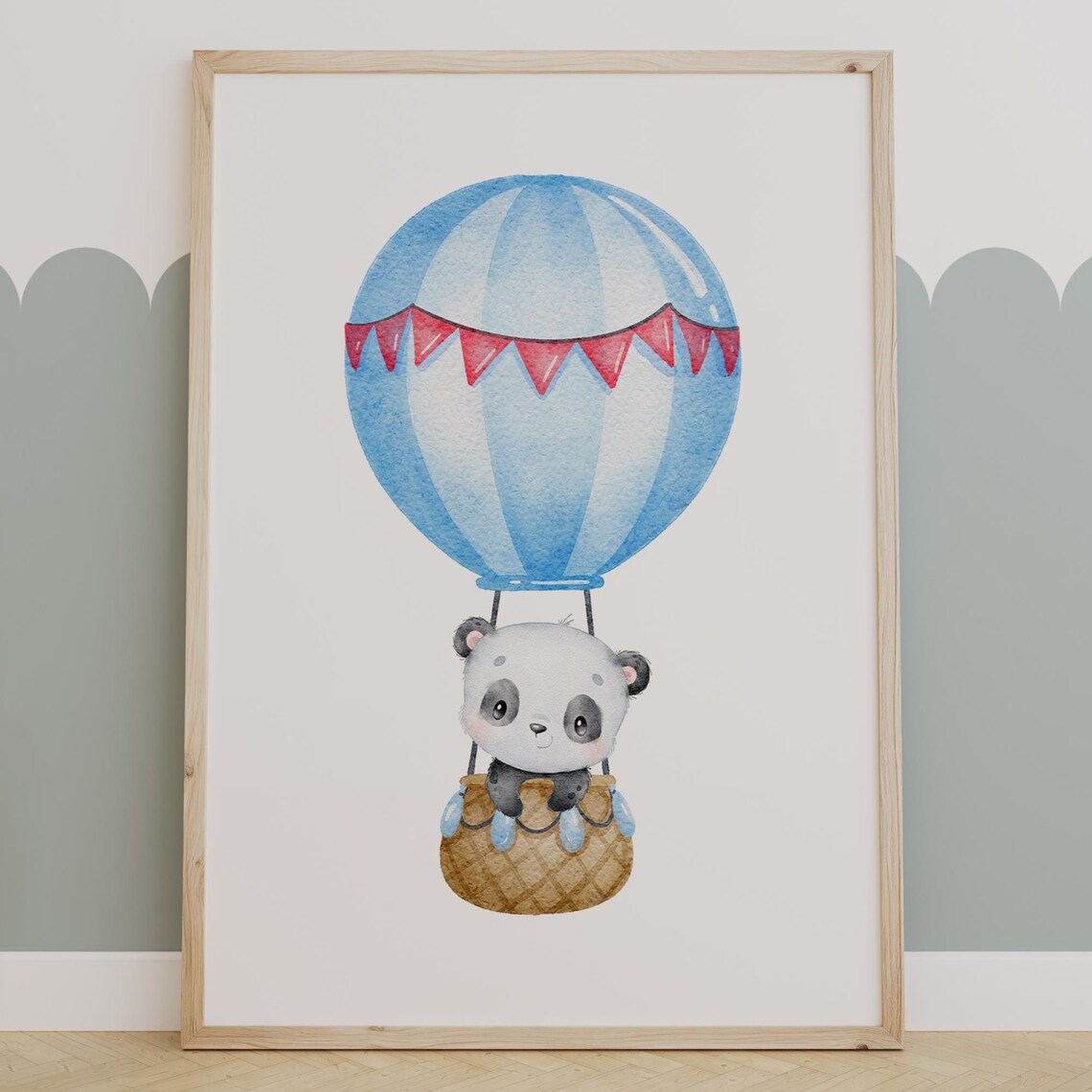 Baby Panda Riding Blue Hot Air Balloon Watercolor Nursery Poster