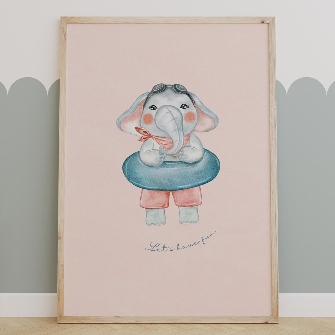 Playful Baby Elephant With Swim Ring Cute Watercolor Nursery Poster