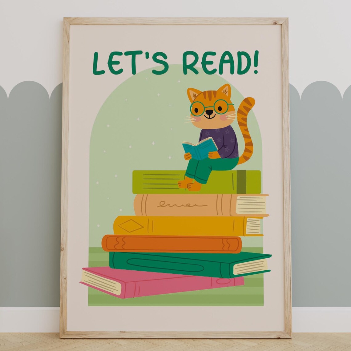 Let's Read Cat With Glasses Stacked Books Kids Reading Poster