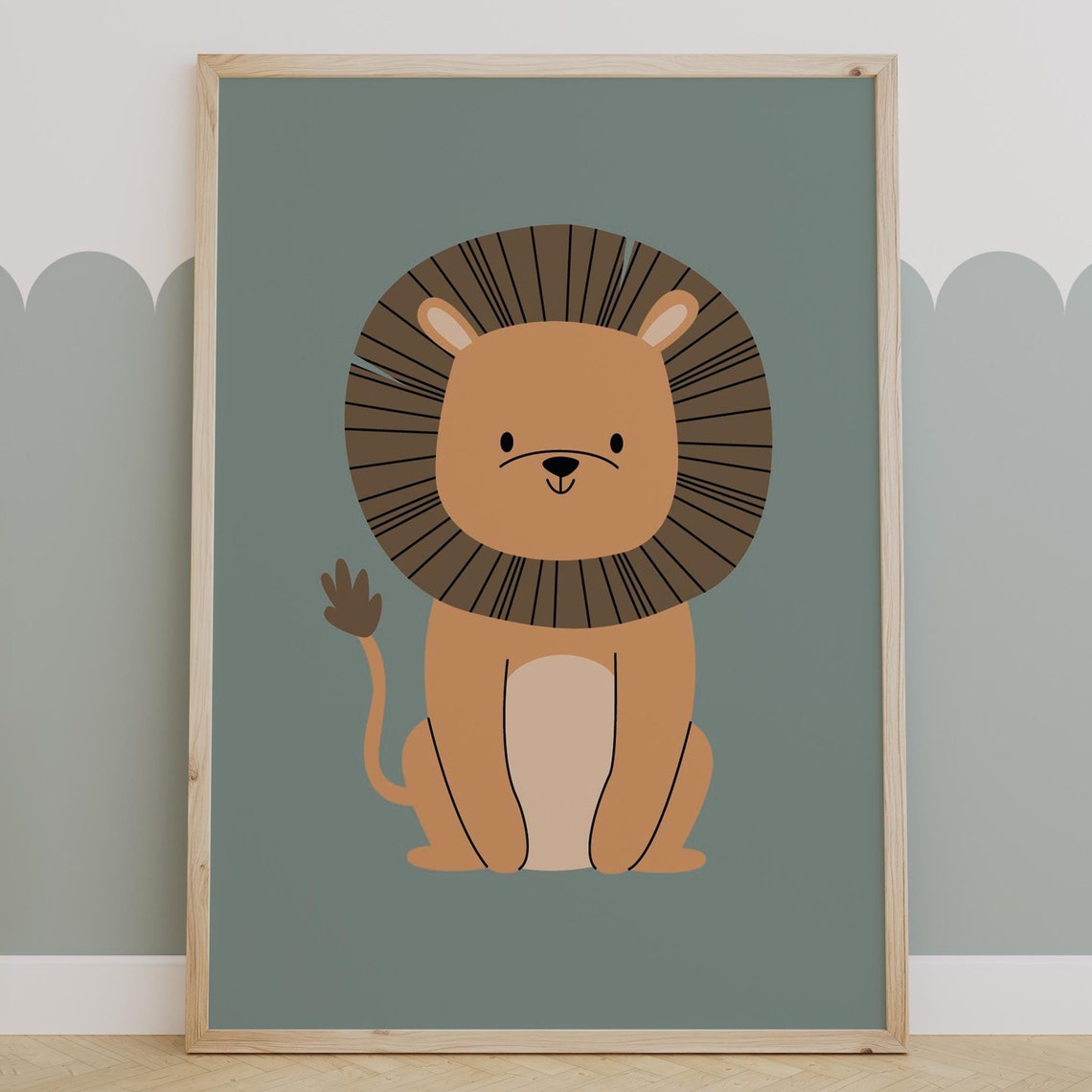 Smiling Cartoon Lion On Sage Green Simple Safari Nursery Poster