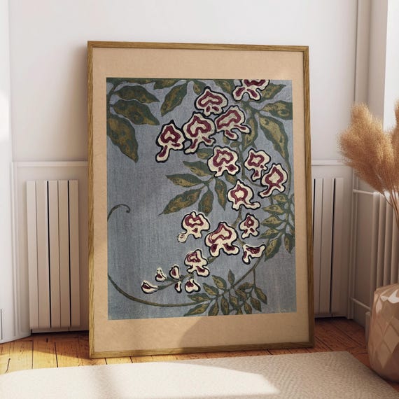 Vintage Japanese Floral Print Antique Wisteria Botanical Wall Art Dusty Blue Burgundy Nature Poster Meiji Era Flower Decor Japandi