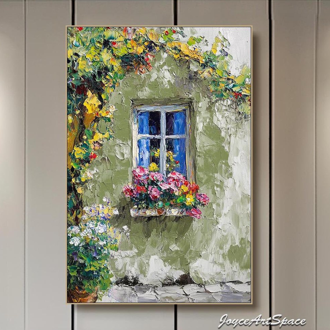 Blue Shutter Window Flower Box Mediterranean Impasto Wall Art Poster