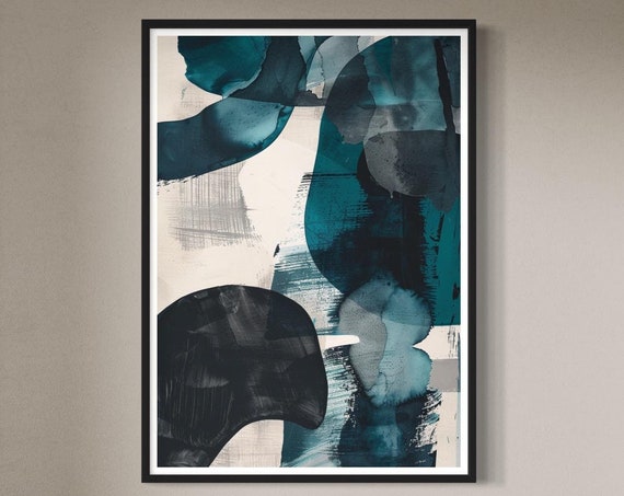 Turquoise Grey Abstract Art Print Modern Minimalist Wall Decor Mid Century Design Geometric Shape Painting Contemporary Gift For Home