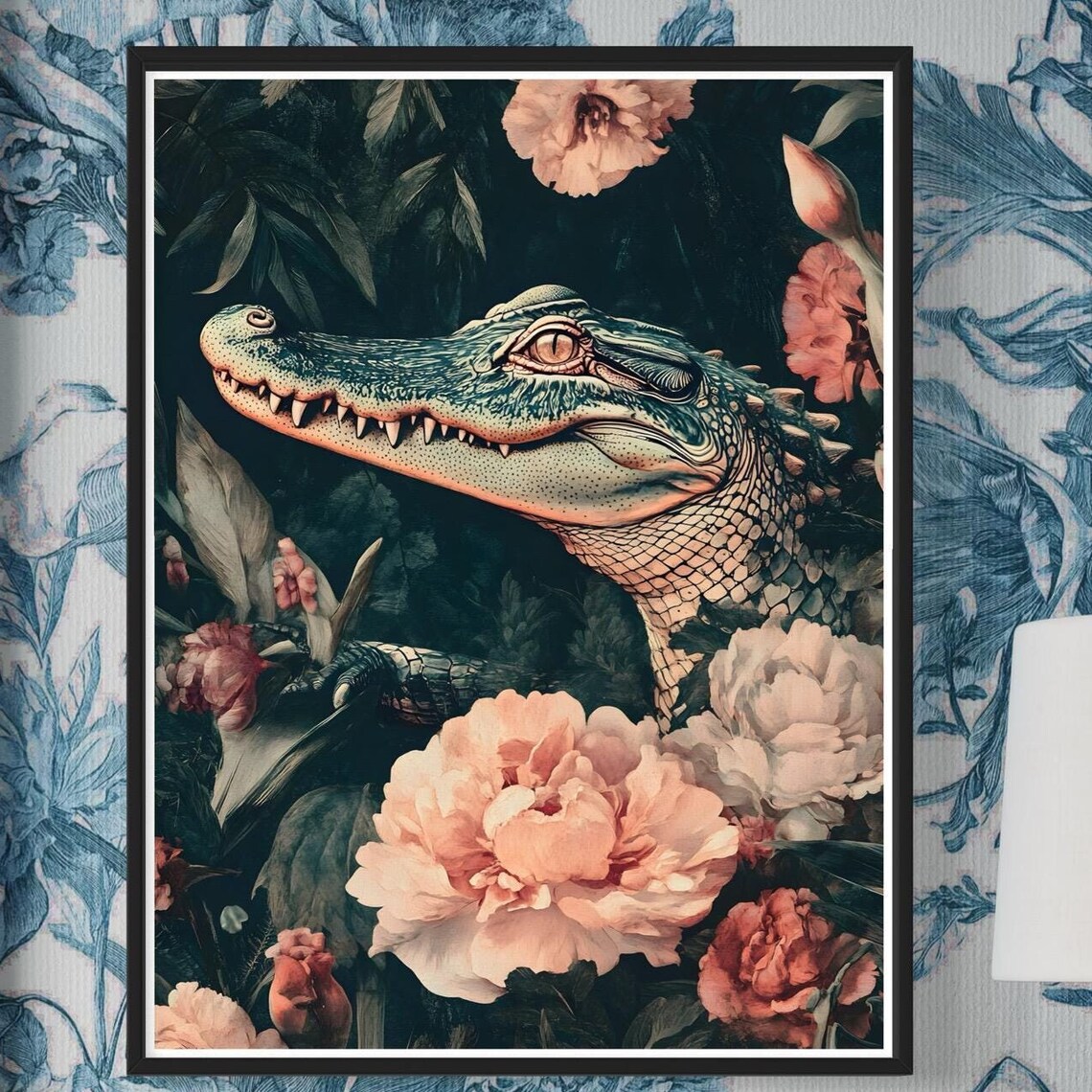 Alligator Tropical Jungle Peony Flowers Vintage Wildlife Poster