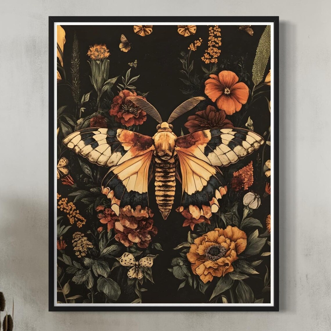 Giant Atlas Moth Dark Autumn Floral Vintage Botanical Art Poster