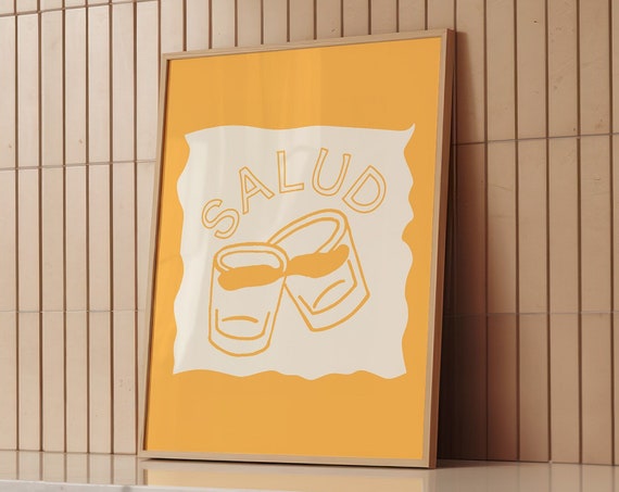 Salud Print Retro Bar Print Mexican Print Vintage Yellow Bar Cart Poster Spanish Wall Art Mexico Print Trendy Bar Decor Retro Drinks Print