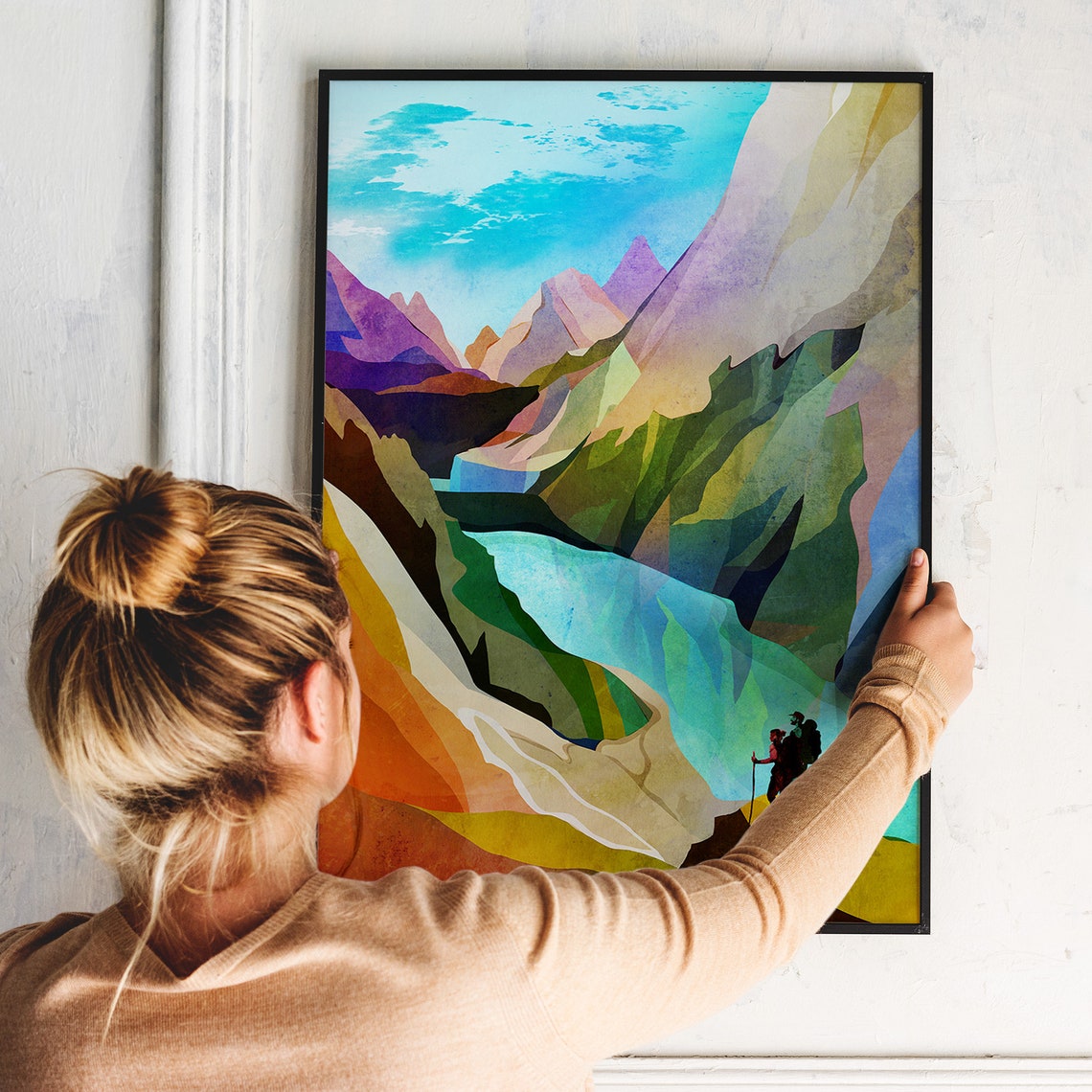 Hikers Overlooking Colorful Canyon River Valley Mountain Poster - Image 3