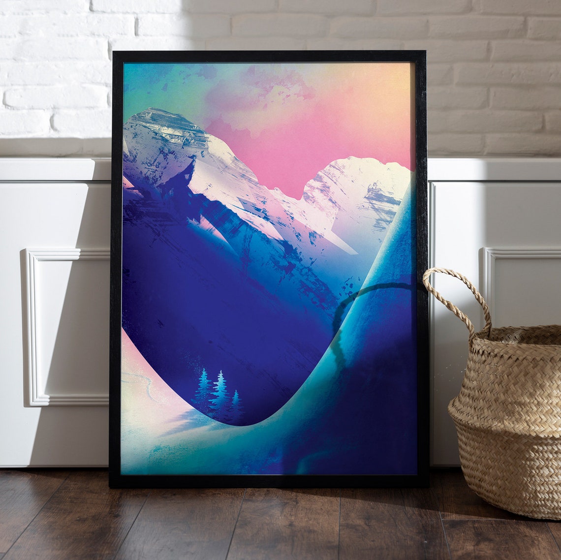 Snowy Mountain Sunrise Winter Landscape Art Poster in Blue and Pink - Image 2