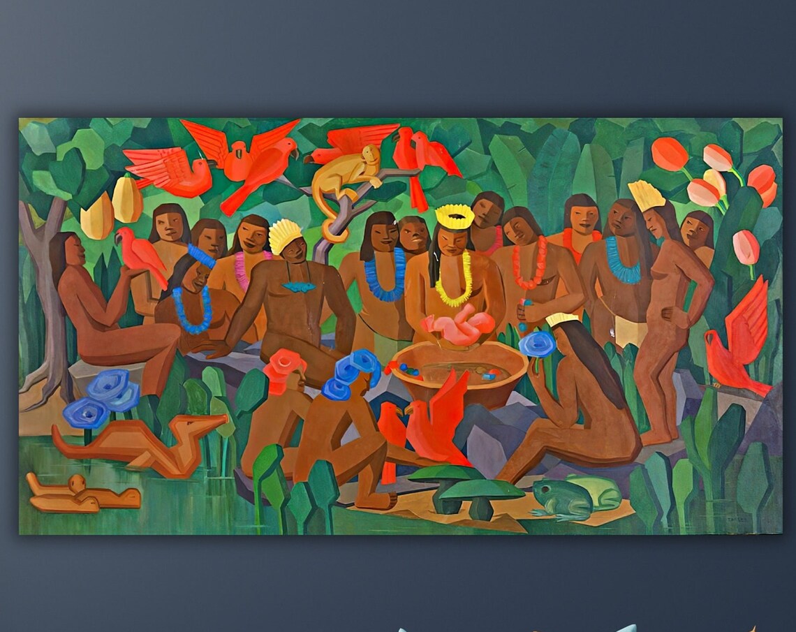 Jungle Ceremony Gathering Tropical Mural Style Bold Color Art Poster - Image 3