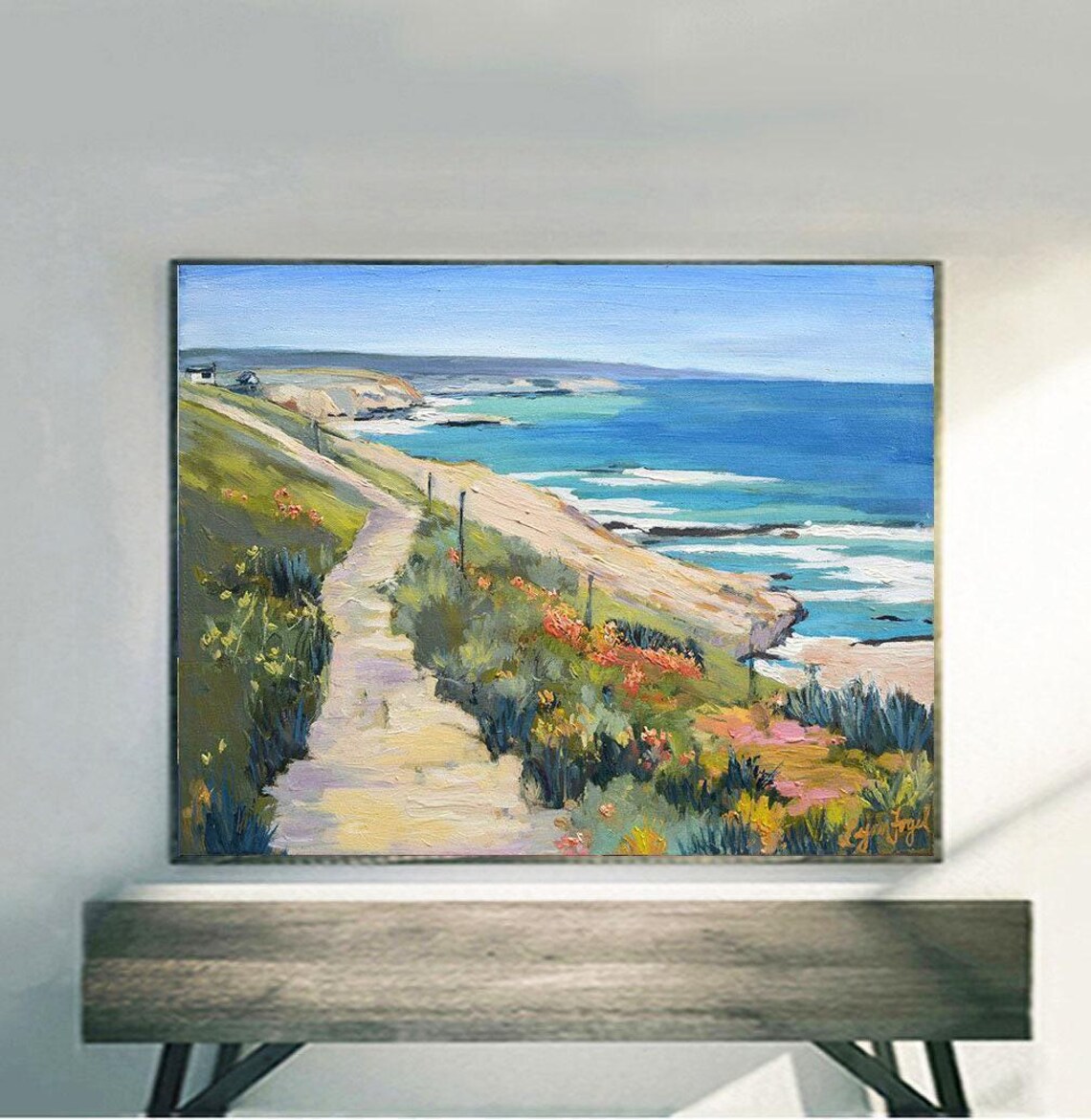 Cambria Coast Flower Trail Bluffs Blue Ocean Painting Poster