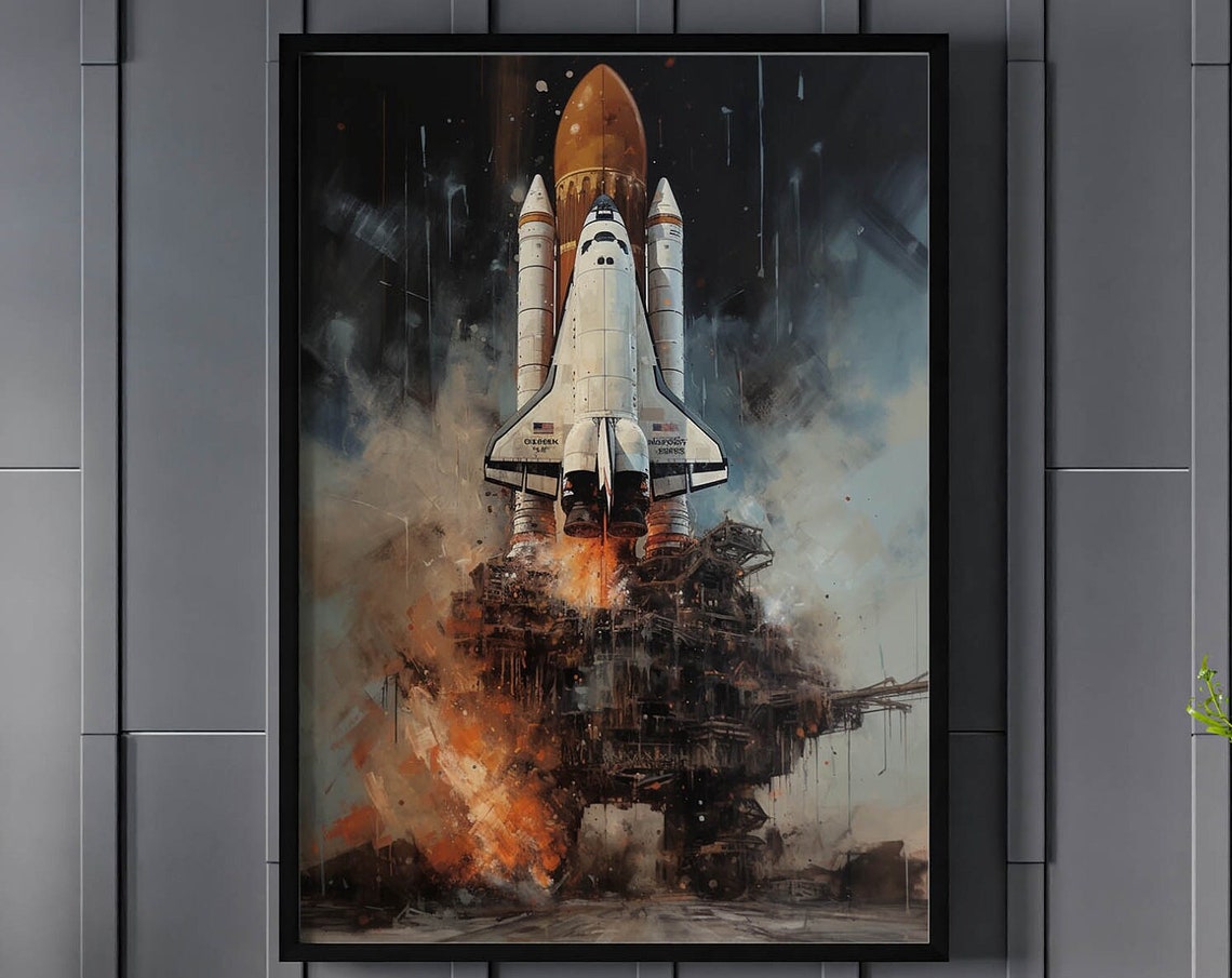 Space Shuttle Launch Painting Fiery Liftoff Dramatic Rocket Poster