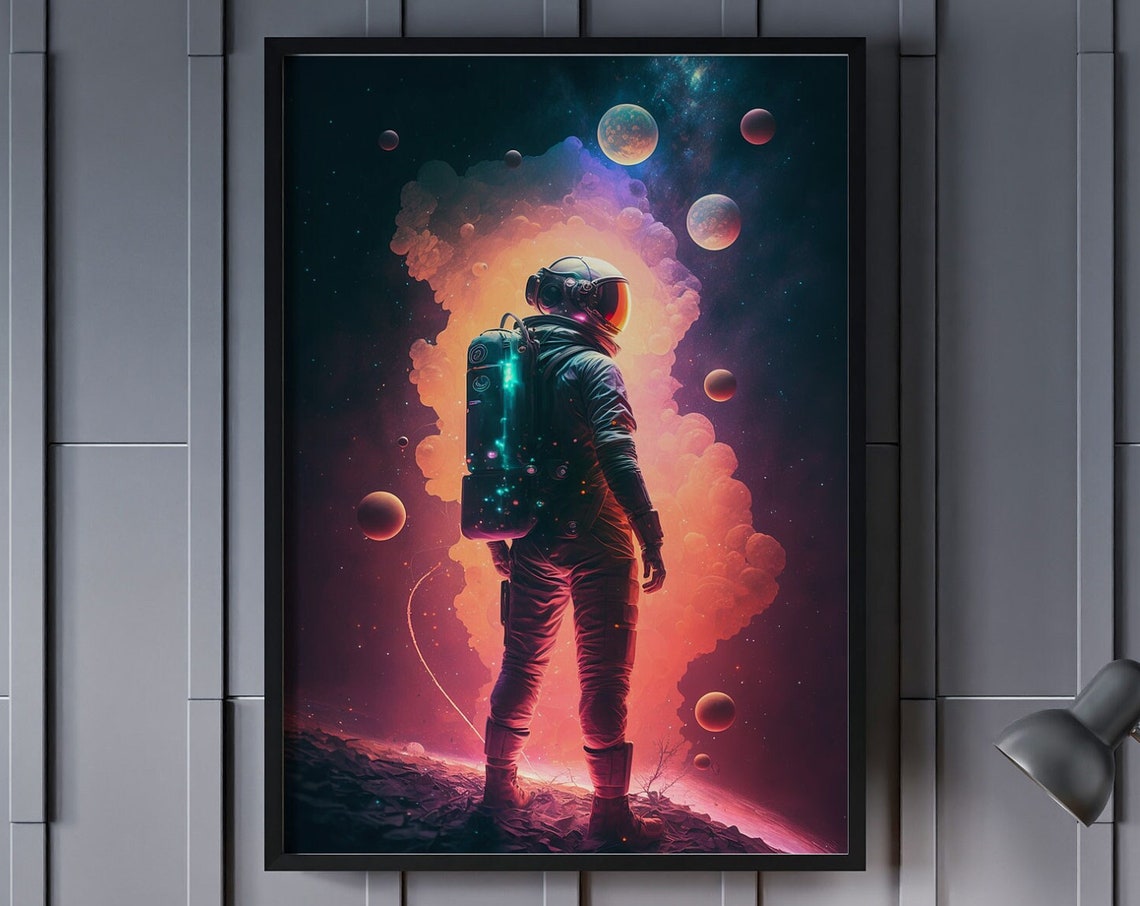 Astronaut Gazing at Colorful Nebula Planets Back View Space Poster