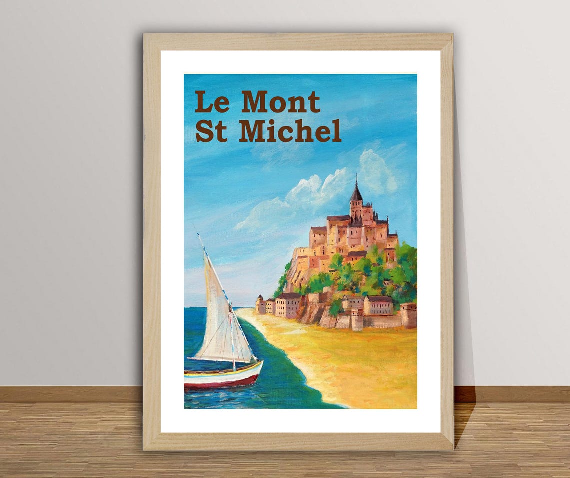 Le Mont Saint Michel Normandy Abbey Sailboat Vintage Travel Poster