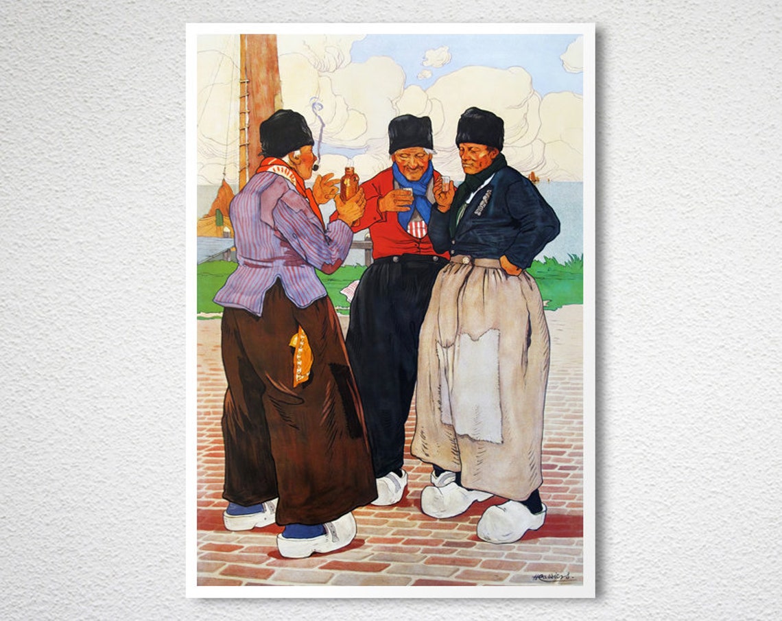 Three Dutch Fishermen Sharing a Drink Vintage Harbor Scene Poster - Image 2