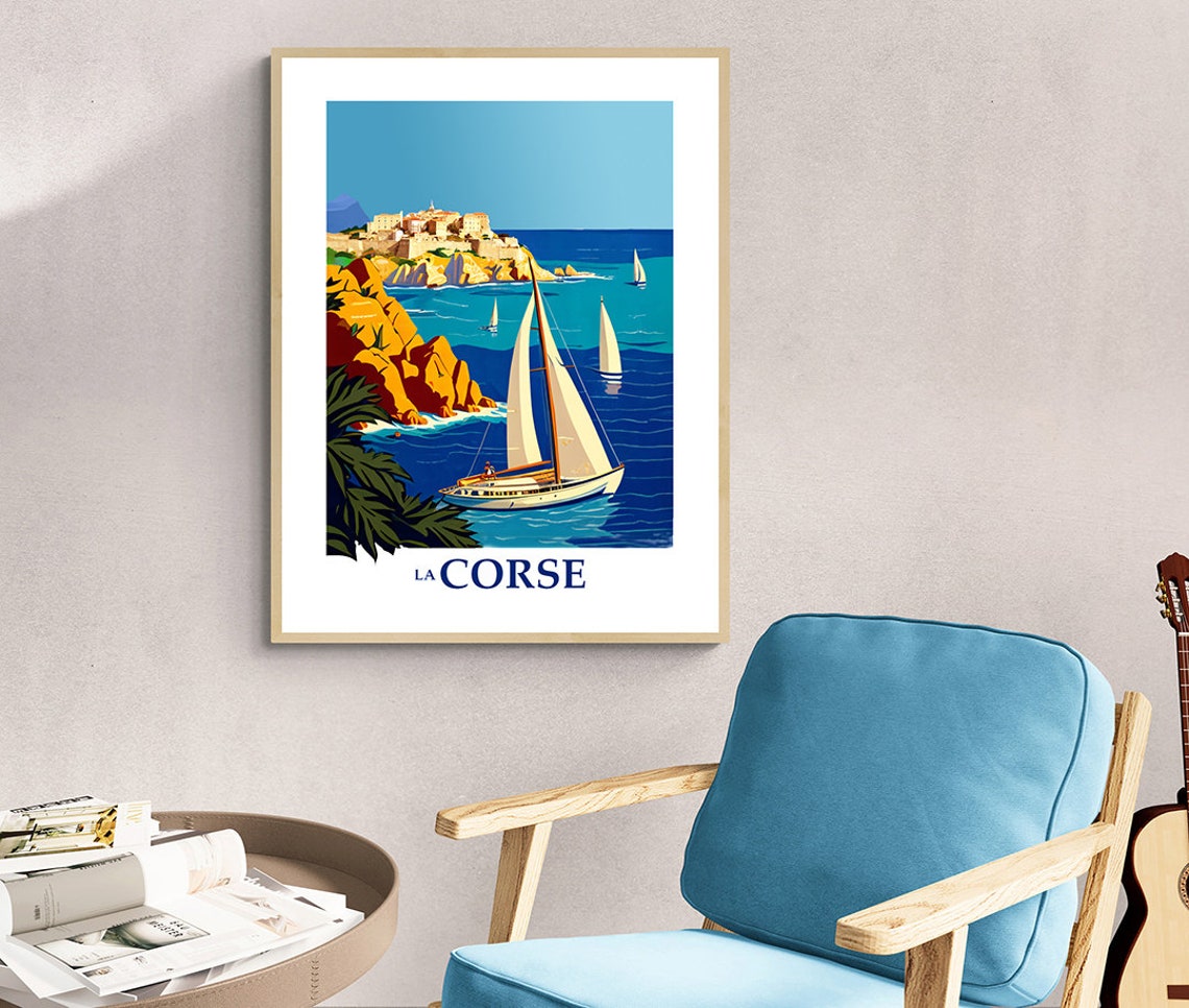 Corsica Sailboat Coastal Cliffs Vintage French Island Travel Poster - Image 3