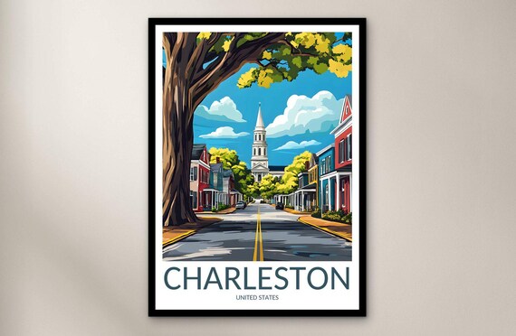 Charleston South Carolina Historic Street Church Steeple Travel Poster