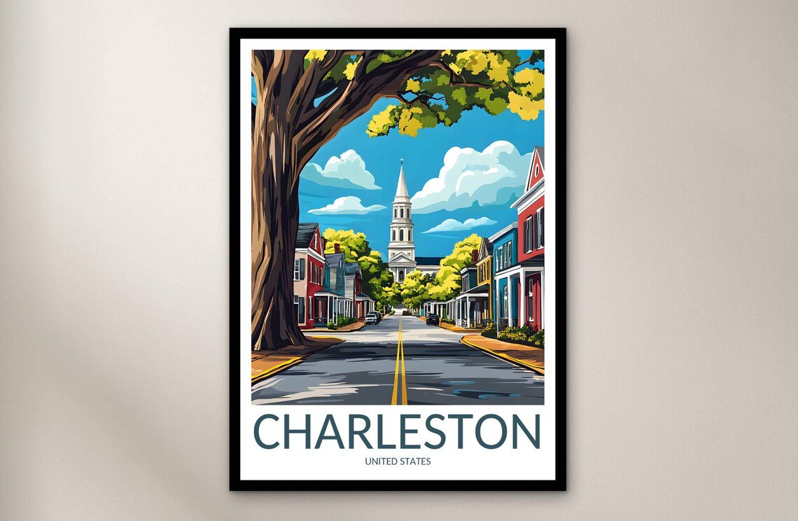 Charleston South Carolina Historic Street Church Steeple Travel Poster