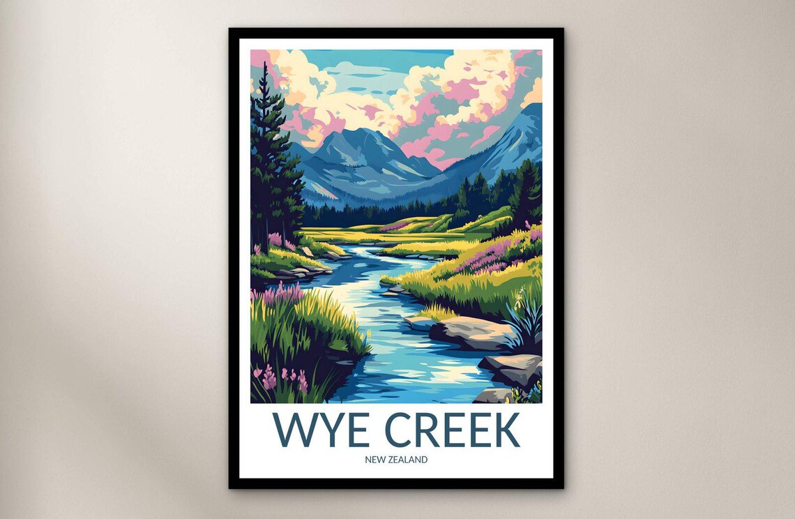 Vintage Wye Creek New Zealand Mountain Stream Meadow Travel Poster