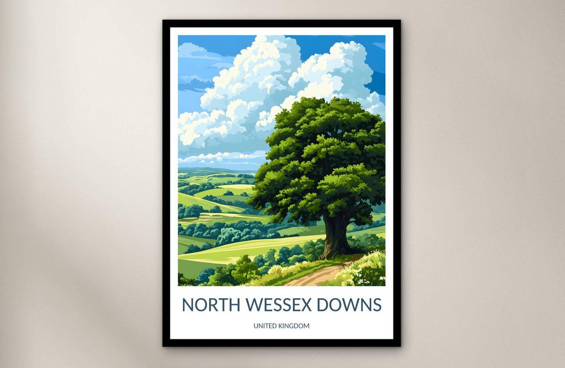 North Wessex Downs England Rolling Hills Oak Tree Travel Poster