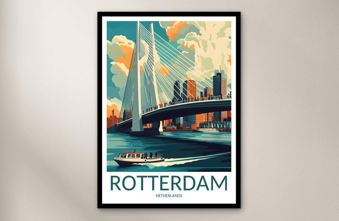Rotterdam Netherlands Erasmus Bridge River Skyline Travel Poster