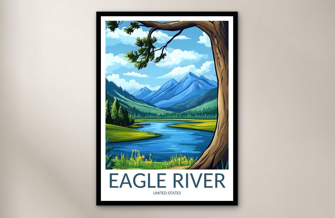 Eagle River Pine Forest Mountain Valley Scenic Vintage Travel Poster