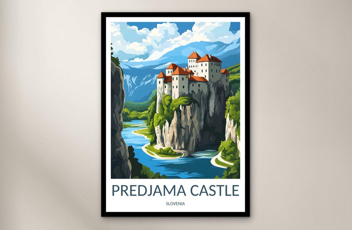 Predjama Castle Cliff River Gorge Slovenia Vintage Travel Poster