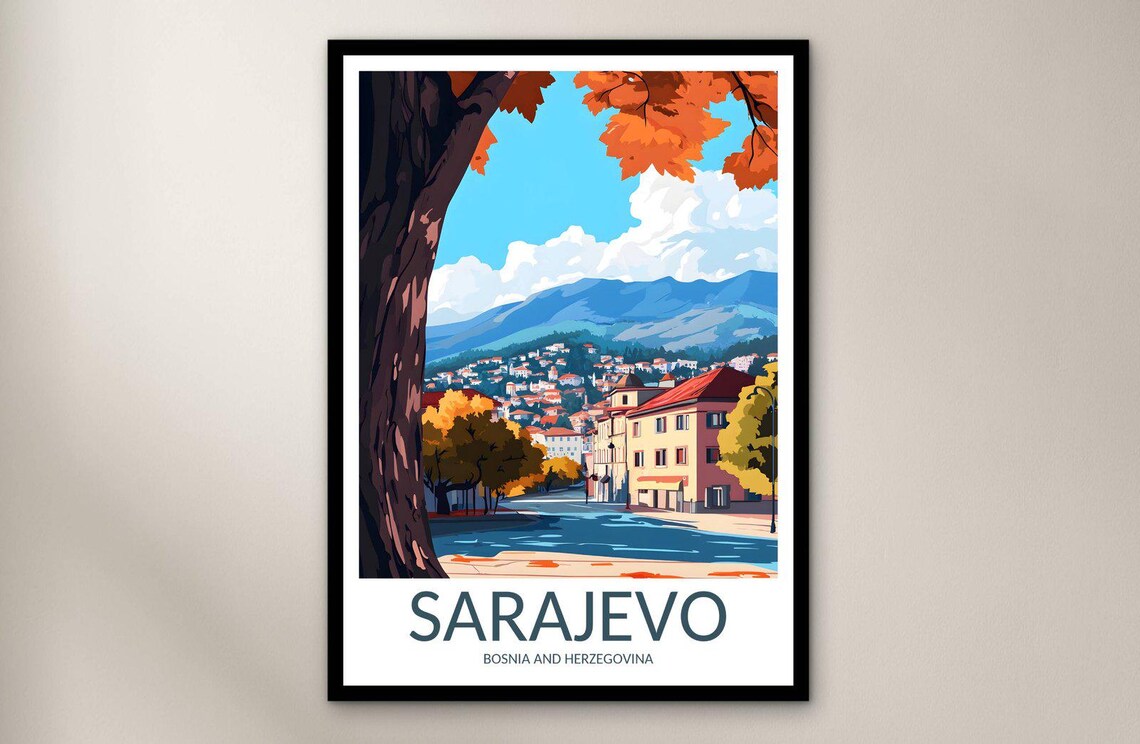 Sarajevo Bosnia and Herzegovina Autumn City Mountains Travel Poster