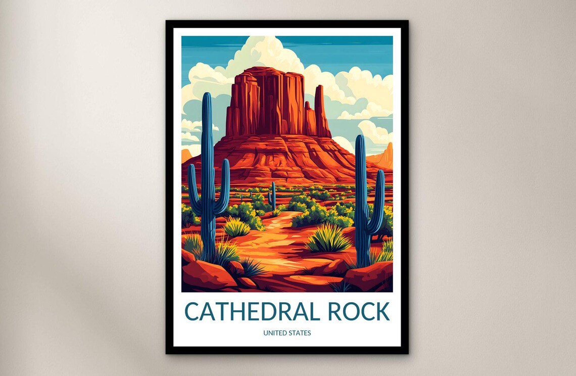 Cathedral Rock Arizona Desert Cacti Sunset Butte Travel Poster