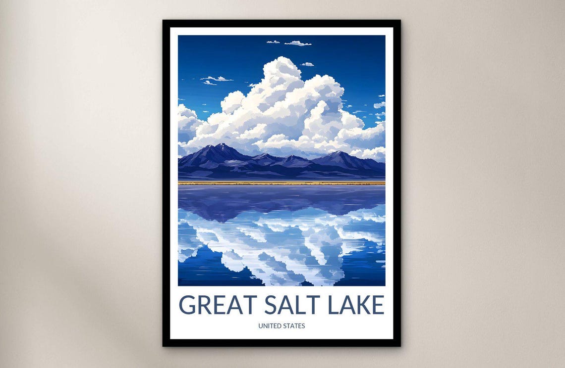 Great Salt Lake Mirror Reflection Purple Mountain Clouds Travel Poster