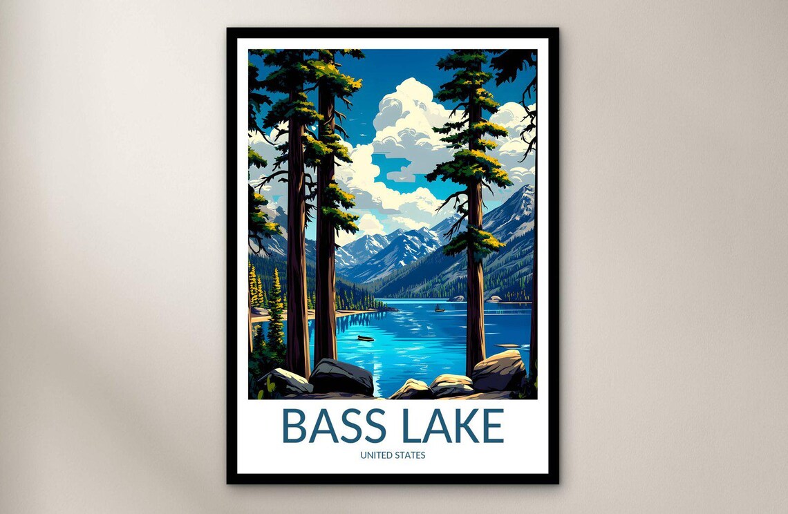 Bass Lake United States Pines Framing Blue Lake Vintage Travel Poster