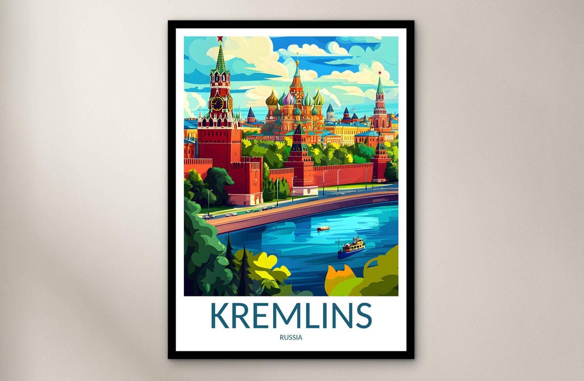 Moscow Kremlin St Basil Cathedral Sunset River View Travel Poster