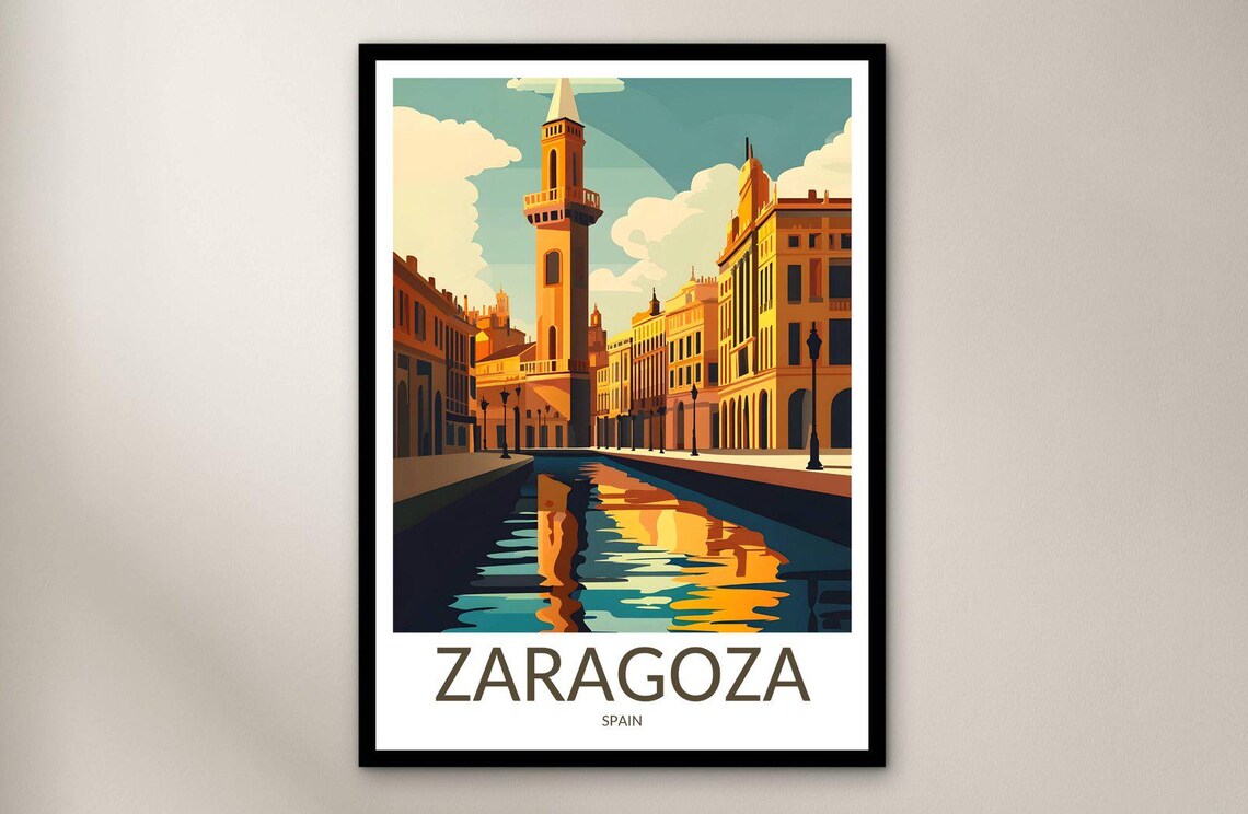 Zaragoza Spain Golden Canal Street Tower Sunset Travel Poster